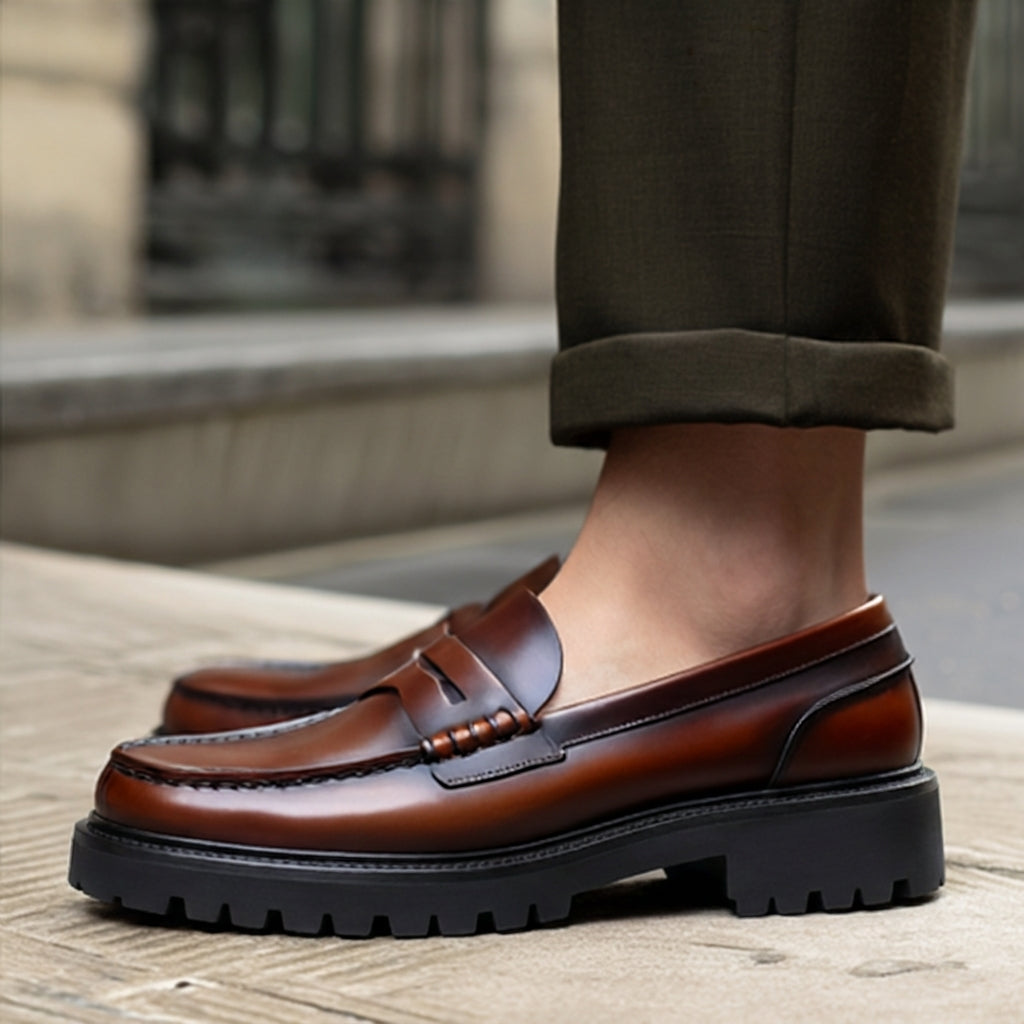 Brown Leather Prestige Penny Loafers with Chunky Sole - SS23  Casual Shoes Collection