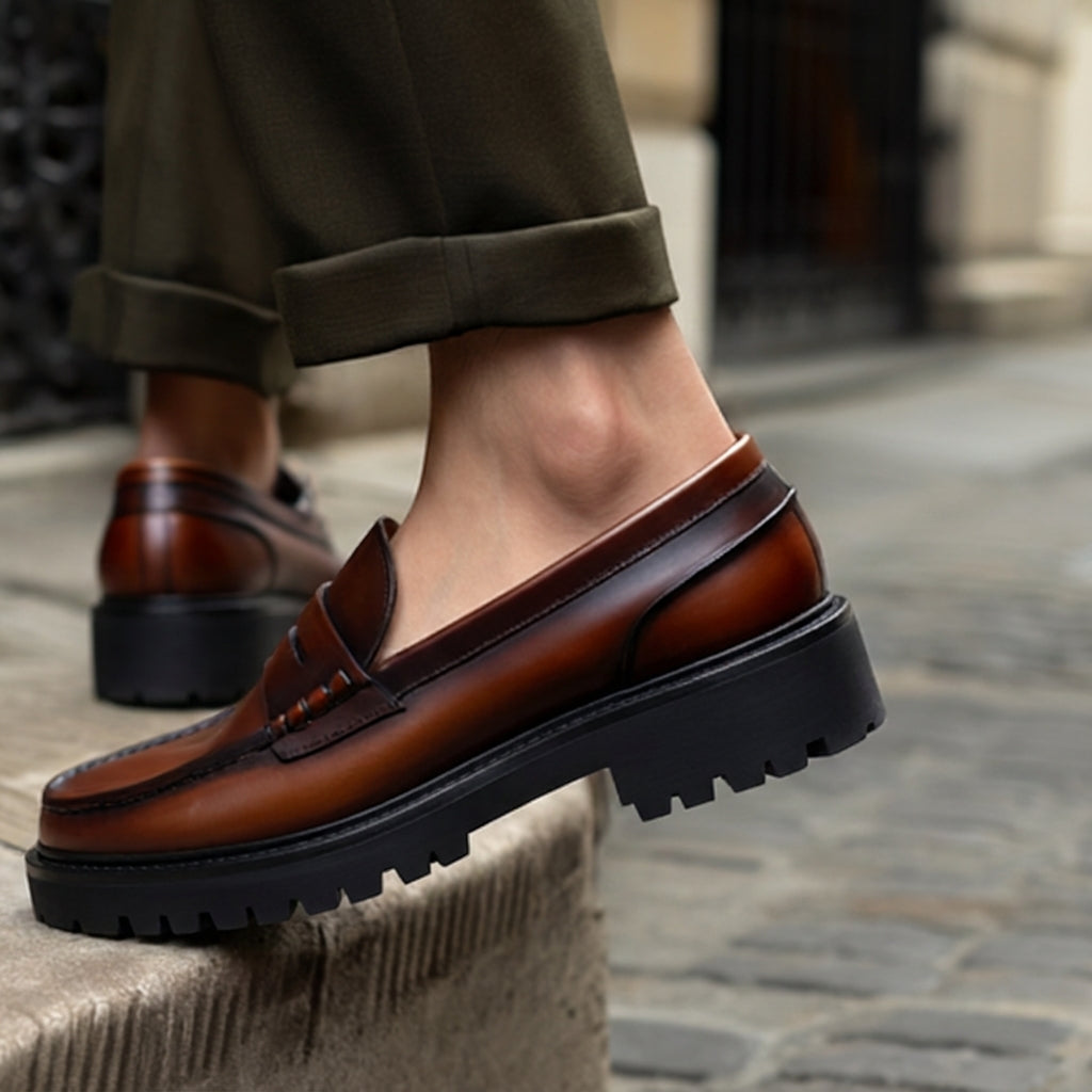 Brown Leather Prestige Penny Loafers with Chunky Sole - SS23  Casual Shoes Collection