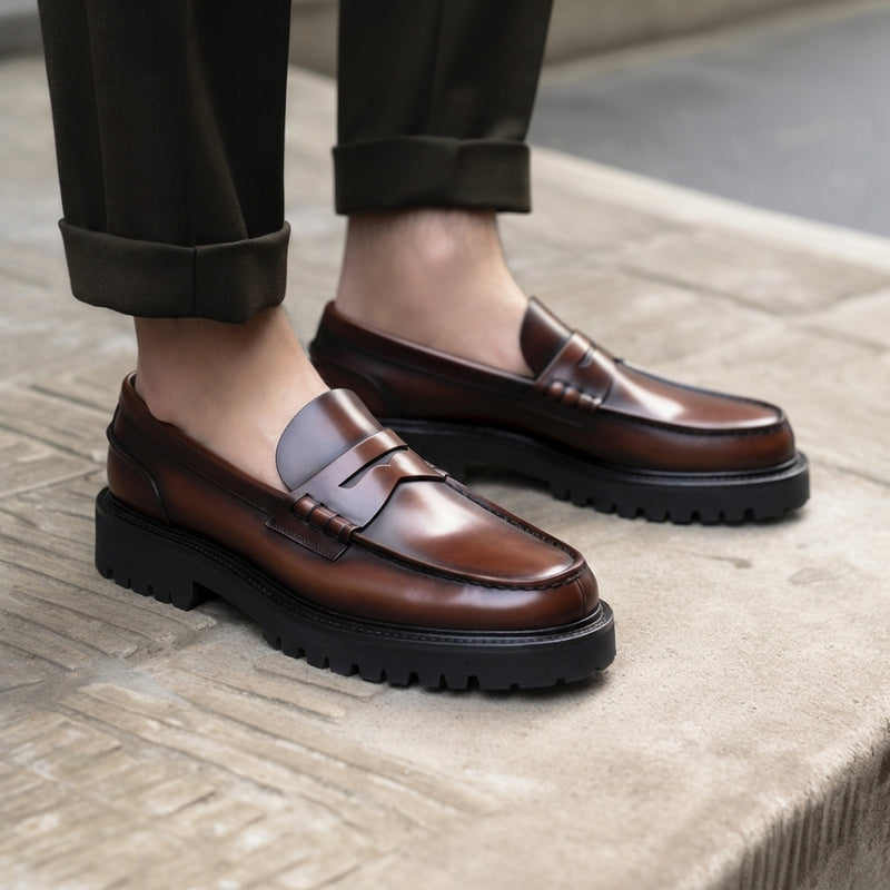 Brown Leather Prestige Penny Loafers with Chunky Sole - SS23  Casual Shoes Collection