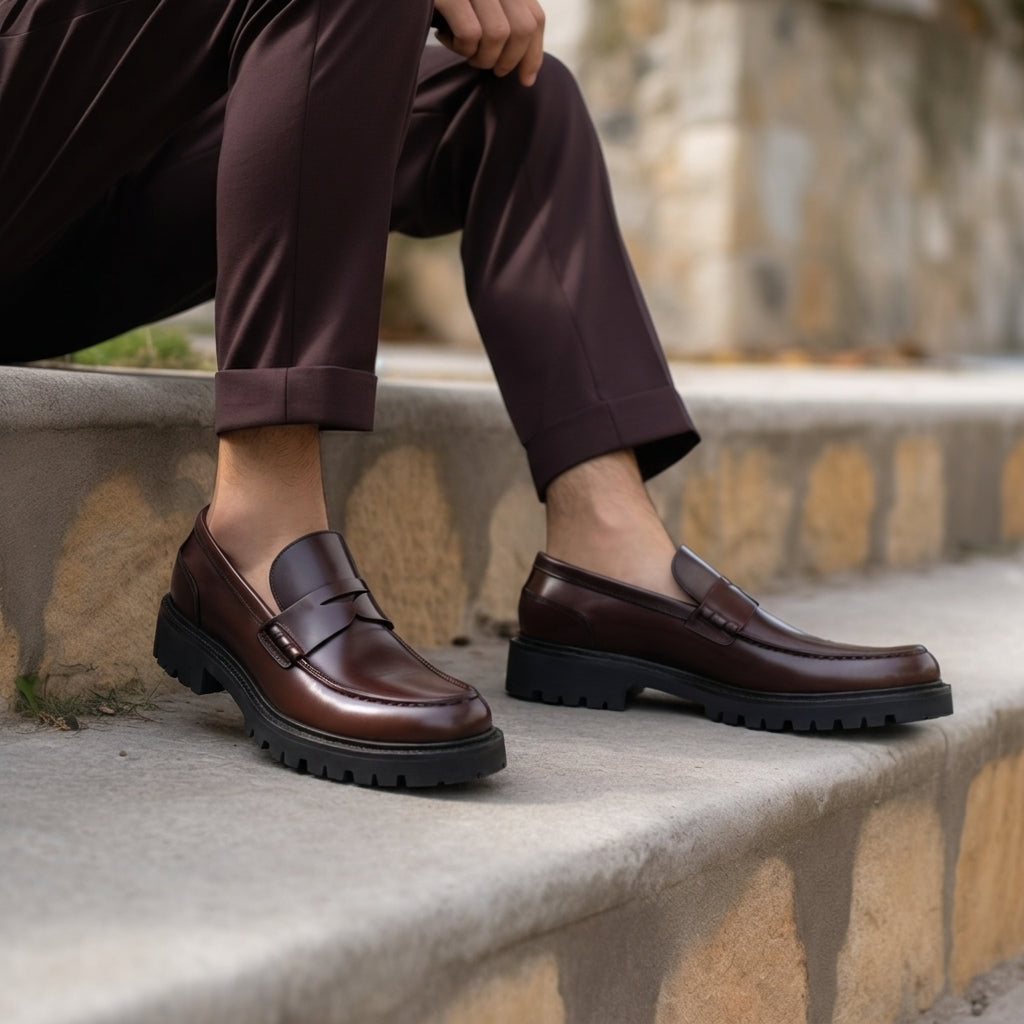 Brown Leather Knowlton Penny Loafers with Chunky Track Sole - SS23