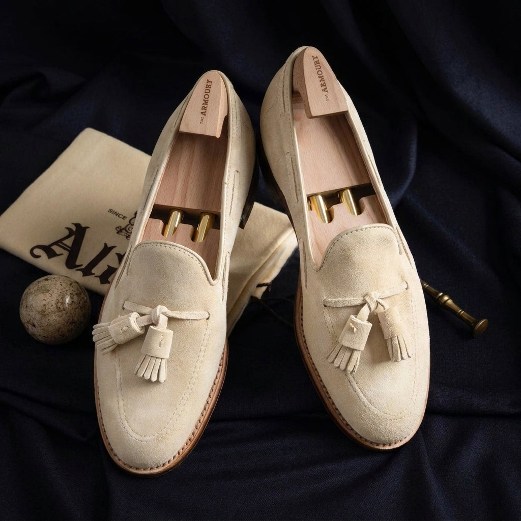 Luxury Edition - Artisian Made Cream Italian Suede Ariadne Tassel Loafers - Formal Shoes - SS23