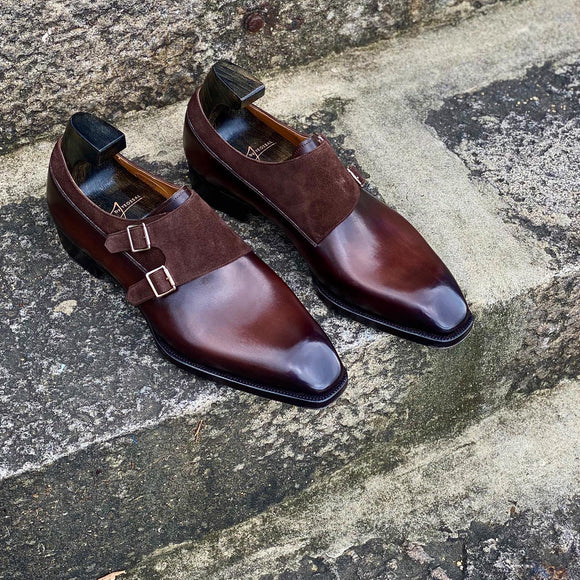 Brown Suede and Leather Mallorca Buckle Double Monk Straps