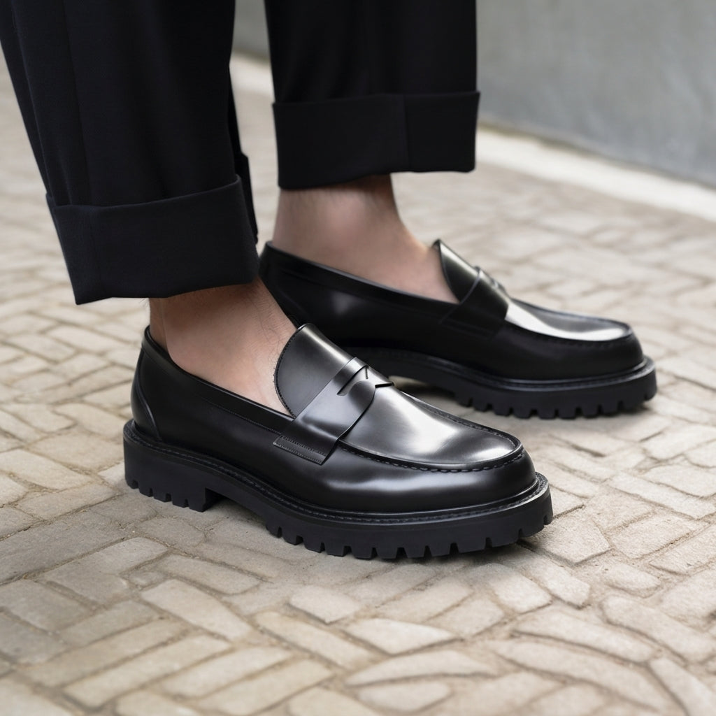 Black Leather Asdrubale With Thick Sole Loafers: The Royale Collection
