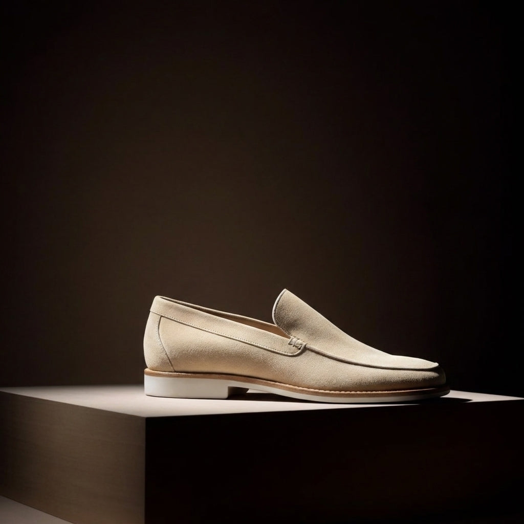 Beige Suede Odessa Slip On Loafers with White Sole - Summer 2024 Collection