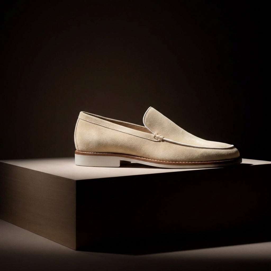 Beige Suede Leander Slip On Loafers with White Sole - Summer 2024 Collection