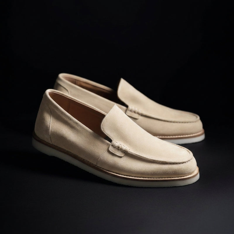 Beige Suede Elowen Slip On Loafers with White Sole - Summer 2024 Collection
