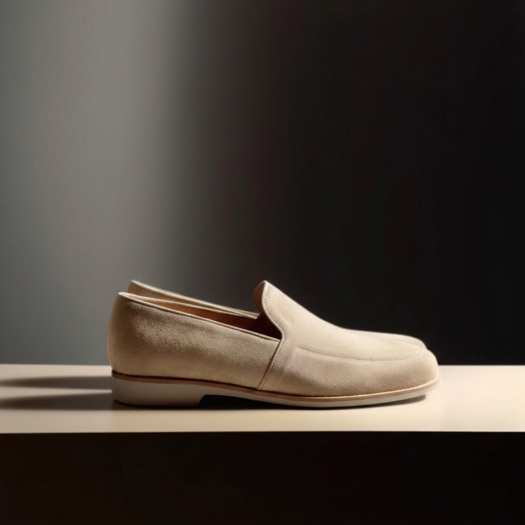 Beige Suede Ronan Slip On Loafers with White Sole - Summer 2024 Collection : The Dapper Edit