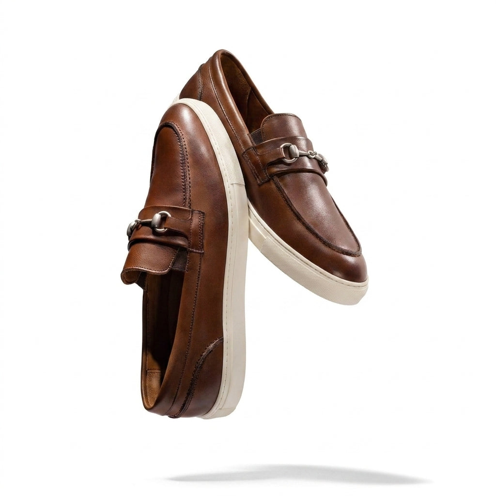 Tan Leather Antheia Horse Bit Slip On Sneakers with White Soles - Summer 2024 Collection