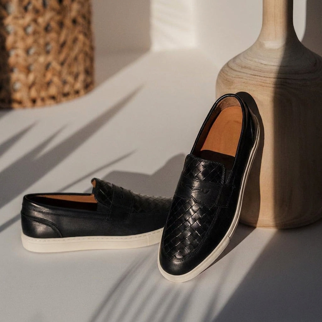 Black Braided Leather Isidora Slip On Penny Sneakers with White Soles - Summer 2024 Collection