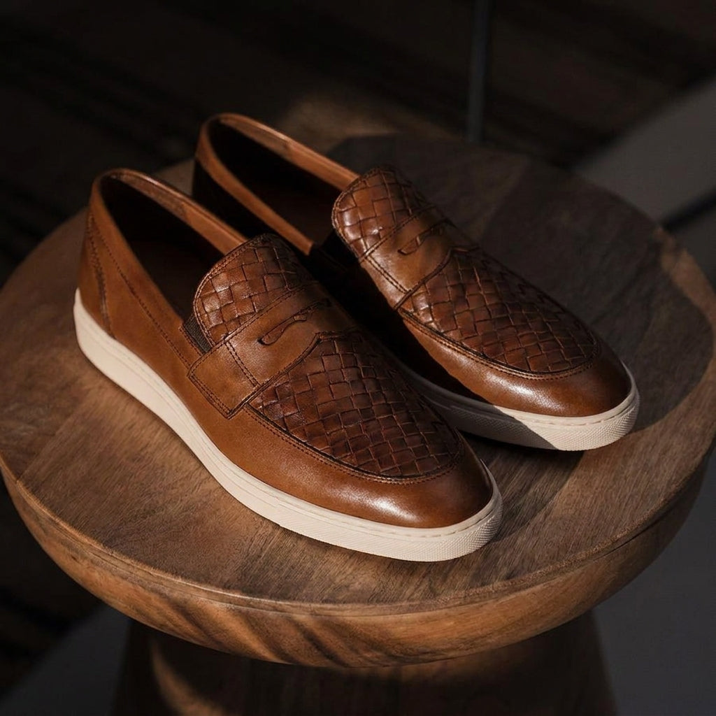 Tan Braided Leather Aurora Slip On Penny Sneakers with White Soles - Summer 2024 Collection