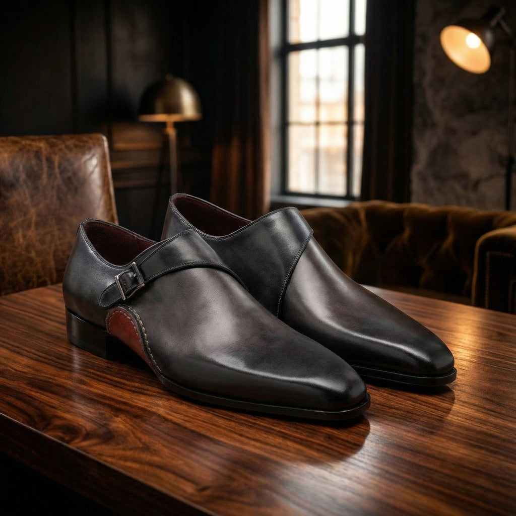 Black Leather Bathurst Monk Straps Shoes: The Royale Collection