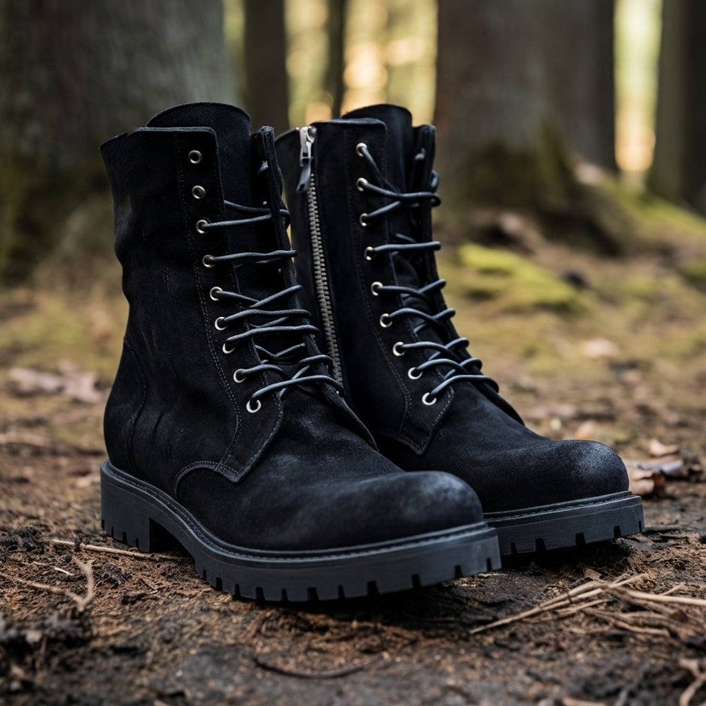 Black Suede Valeria Lace Up Zipper Derby Boots with Track Sole - AW24