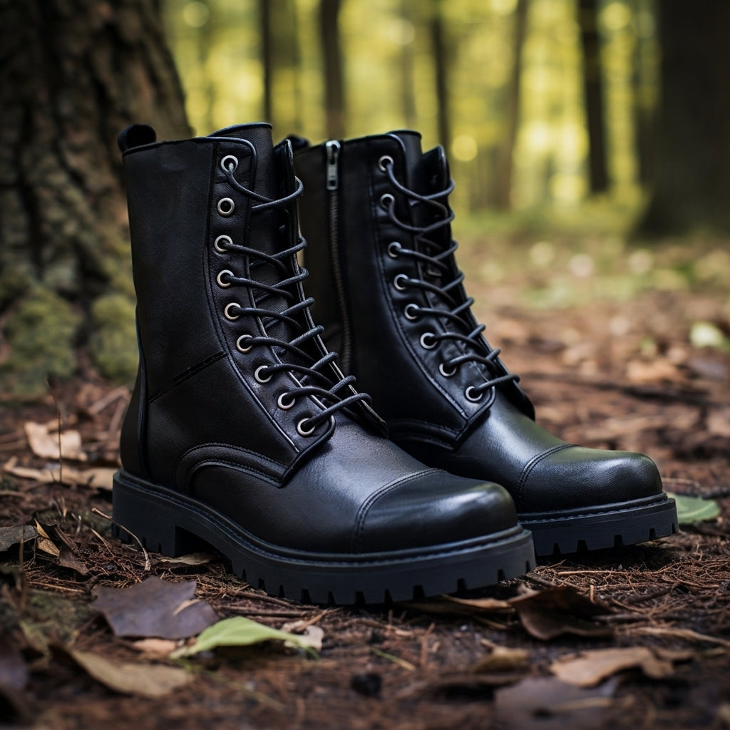Black Leather Wisteria Lace Up Chunky Derby Toe Cap Boots with Zipper and Track Sole - AW24 - Hiking and Trekking Boots