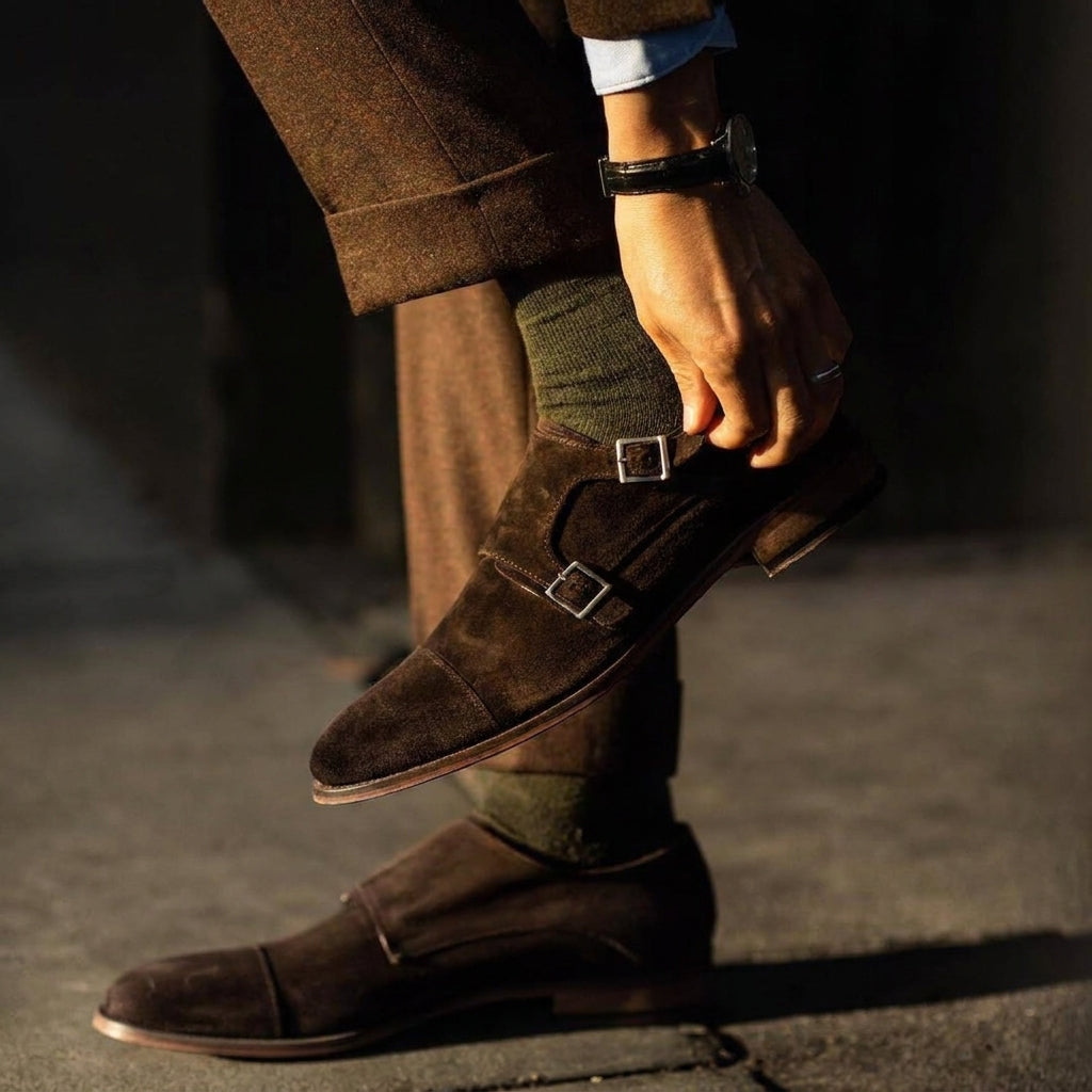 Brown Suede Marinelle Teo Cap Buckle Double Monk Straps - AW24