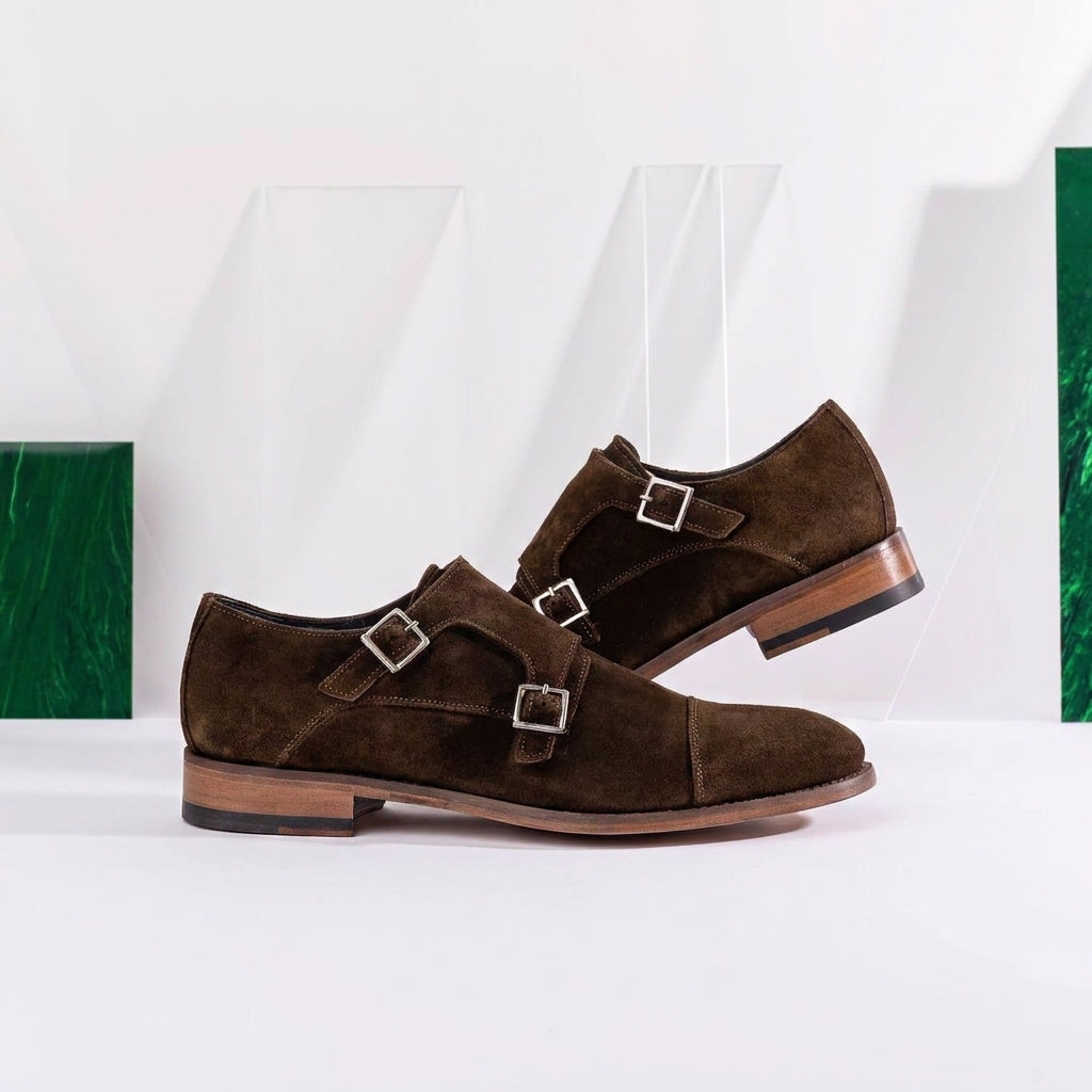 Brown Suede Marinelle Teo Cap Buckle Double Monk Straps - AW24