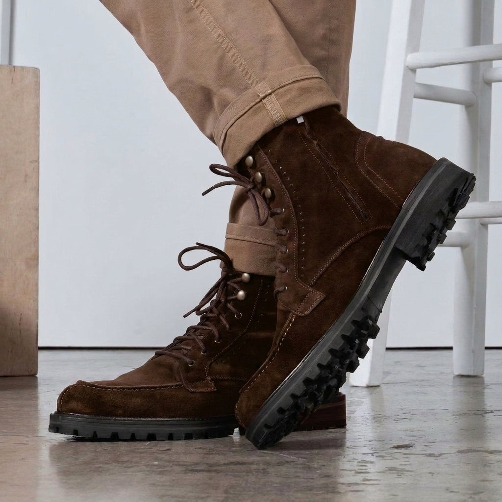 Brown Suede Preston Lace Up Hiking Combat Boots for Men - AW24