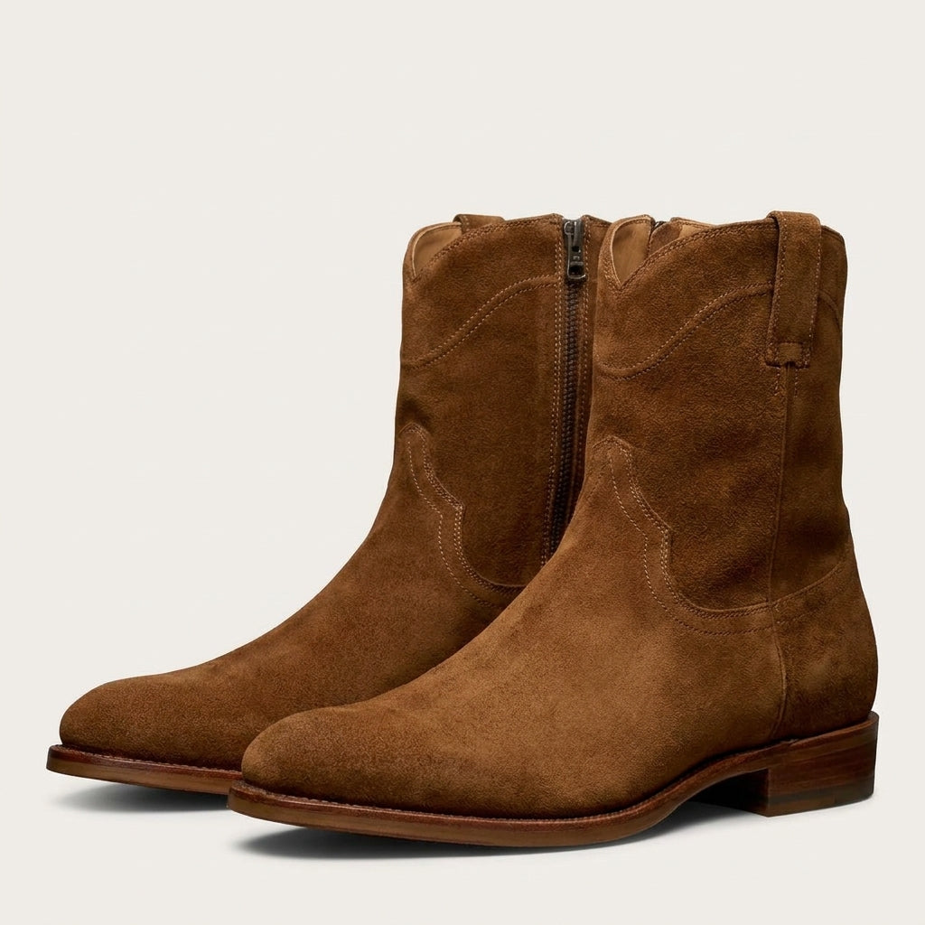 Burbon Tan Suede Bastrop Slip On Zipper Western Cowboy Boots - AW24