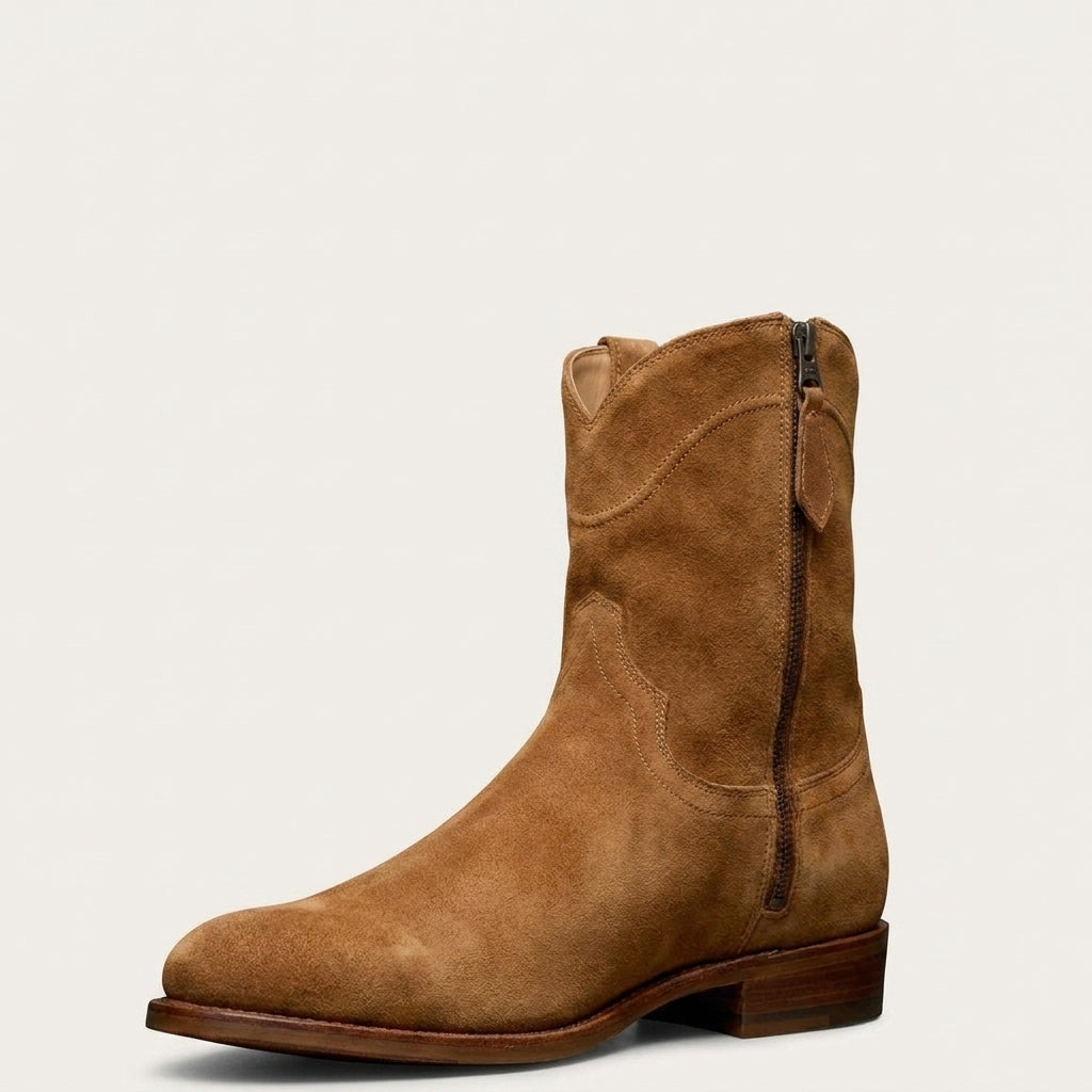 Burbon Tan Suede Bastrop Slip On Zipper Western Cowboy Boots - AW24
