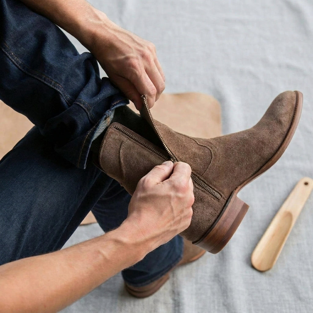 Beige Suede Bastrop Slip On Zipper Western Cowboy Boots - AW24 - ITALIAN AW26