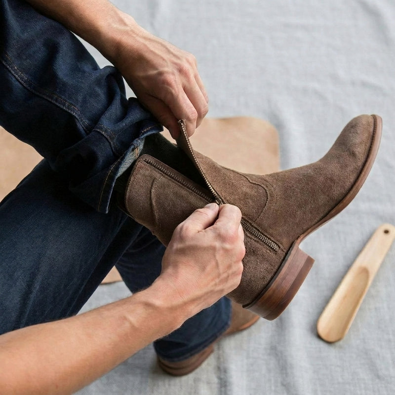 Beige Suede Bastrop Slip On Zipper Western Cowboy Boots - AW24 - ITALIAN AW26