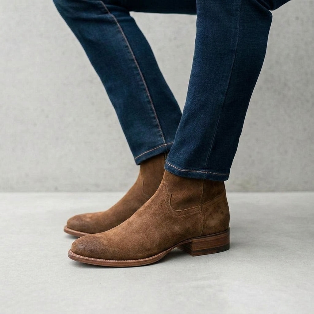 Beige Suede Bastrop Slip On Zipper Western Cowboy Boots - AW24 - ITALIAN AW26