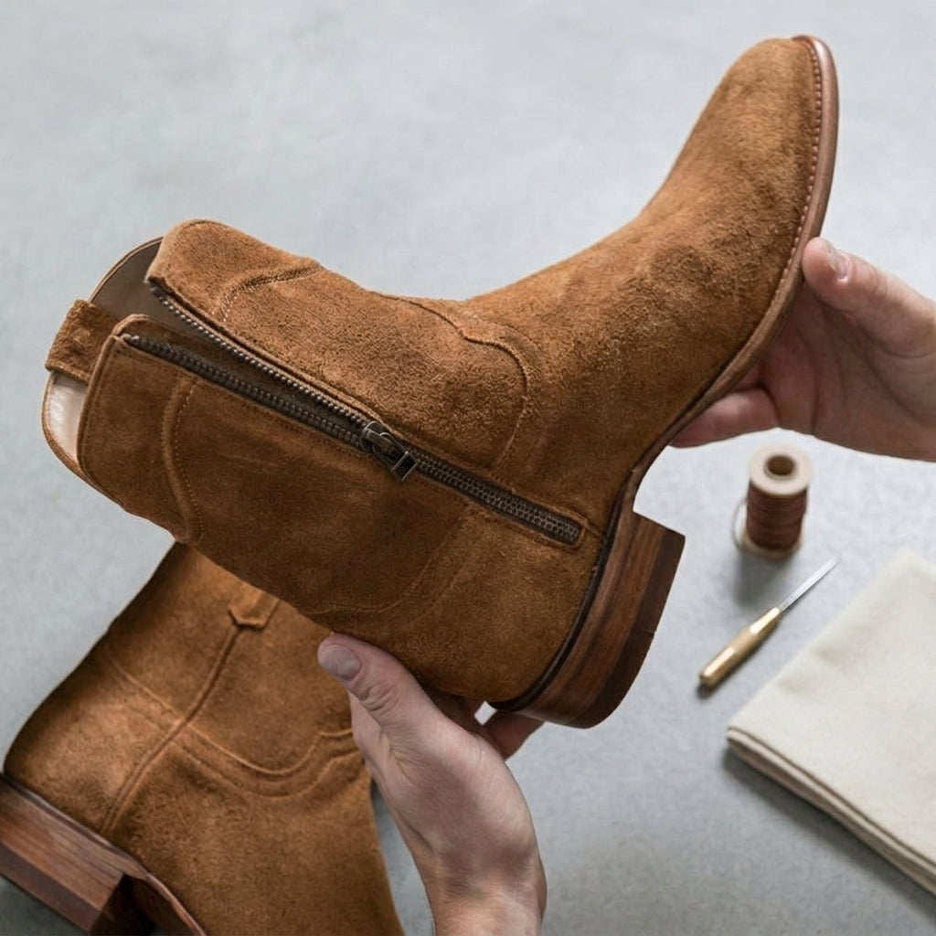 Beige Suede Bastrop Slip On Zipper Western Cowboy Boots - AW24 - ITALIAN AW26