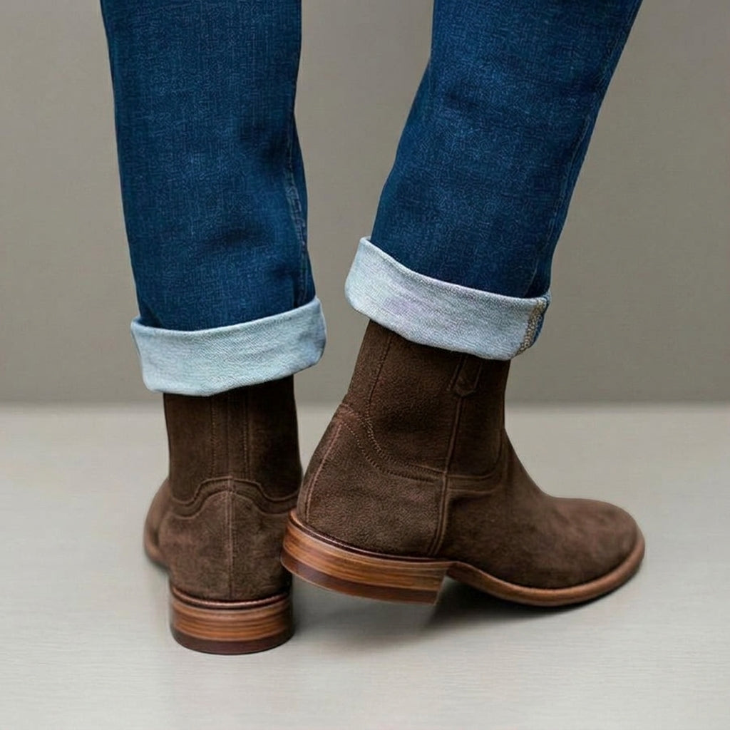 Beige Suede Bastrop Slip On Zipper Western Cowboy Boots - AW24 - ITALIAN AW26