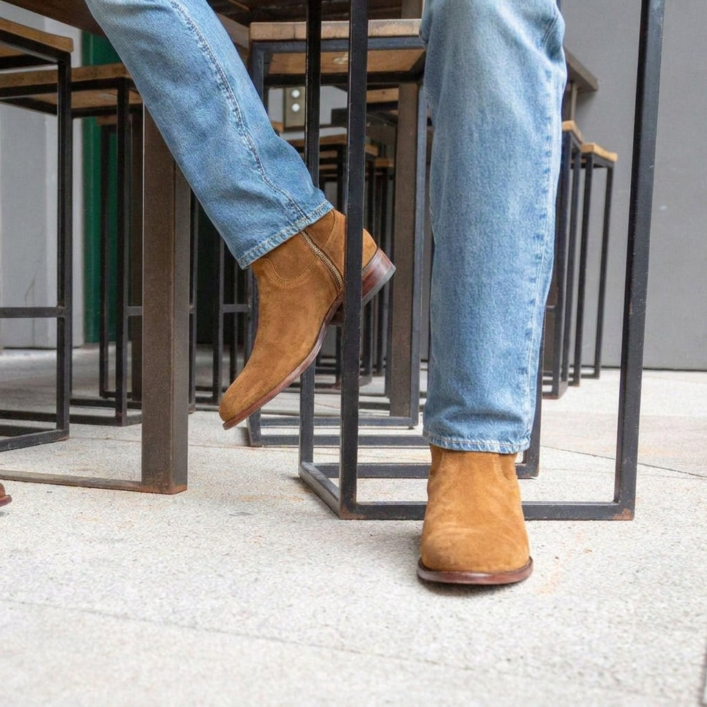 Tan Suede Bastrop Slip On Zipper Western Cowboy Boots - AW24