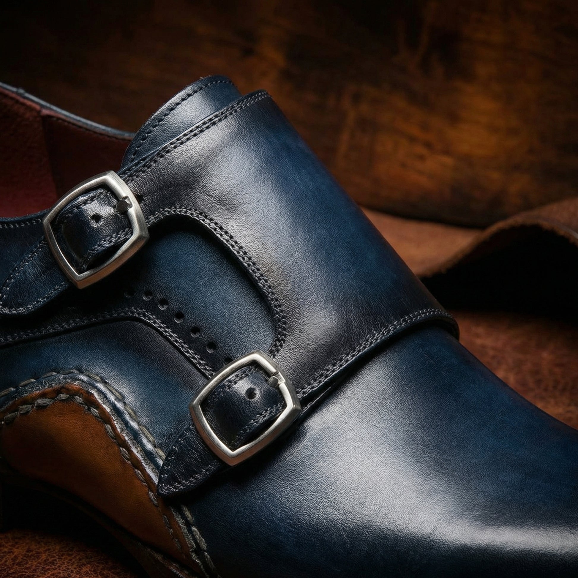 Navy Blue Leather Victoria Monk Strap Shoes