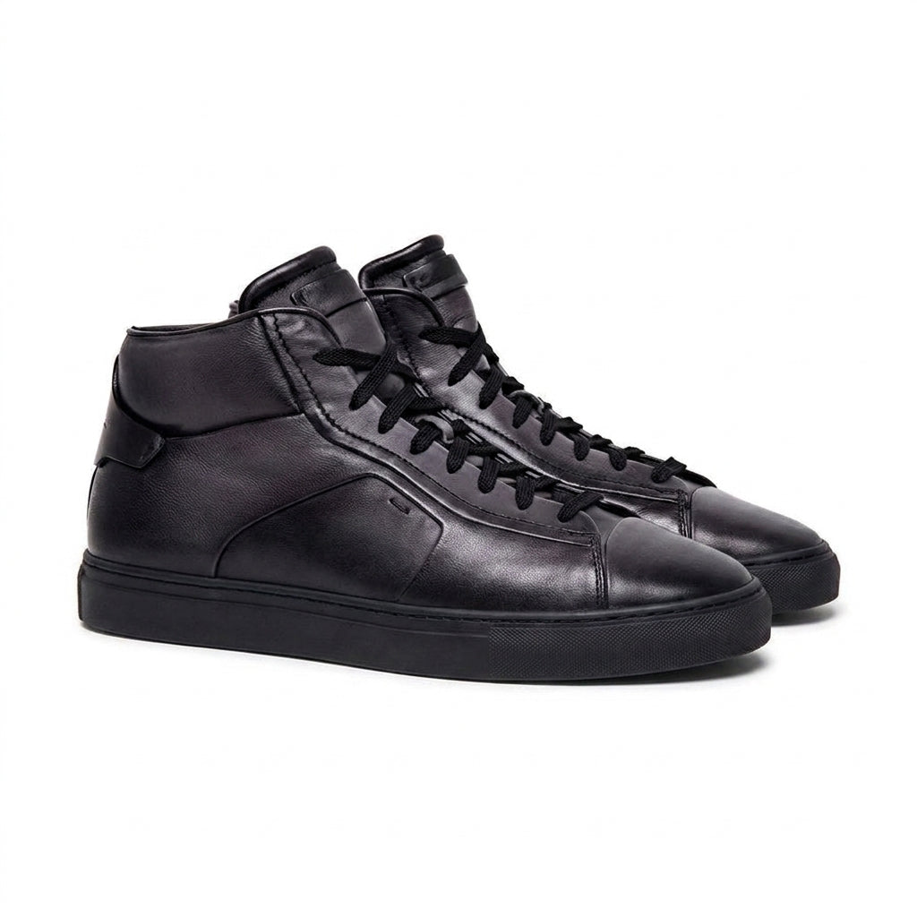 Luxury Edition - Artisian Made Black Italian Leather Wolfton Lace Up High Top Sneakers - AW24