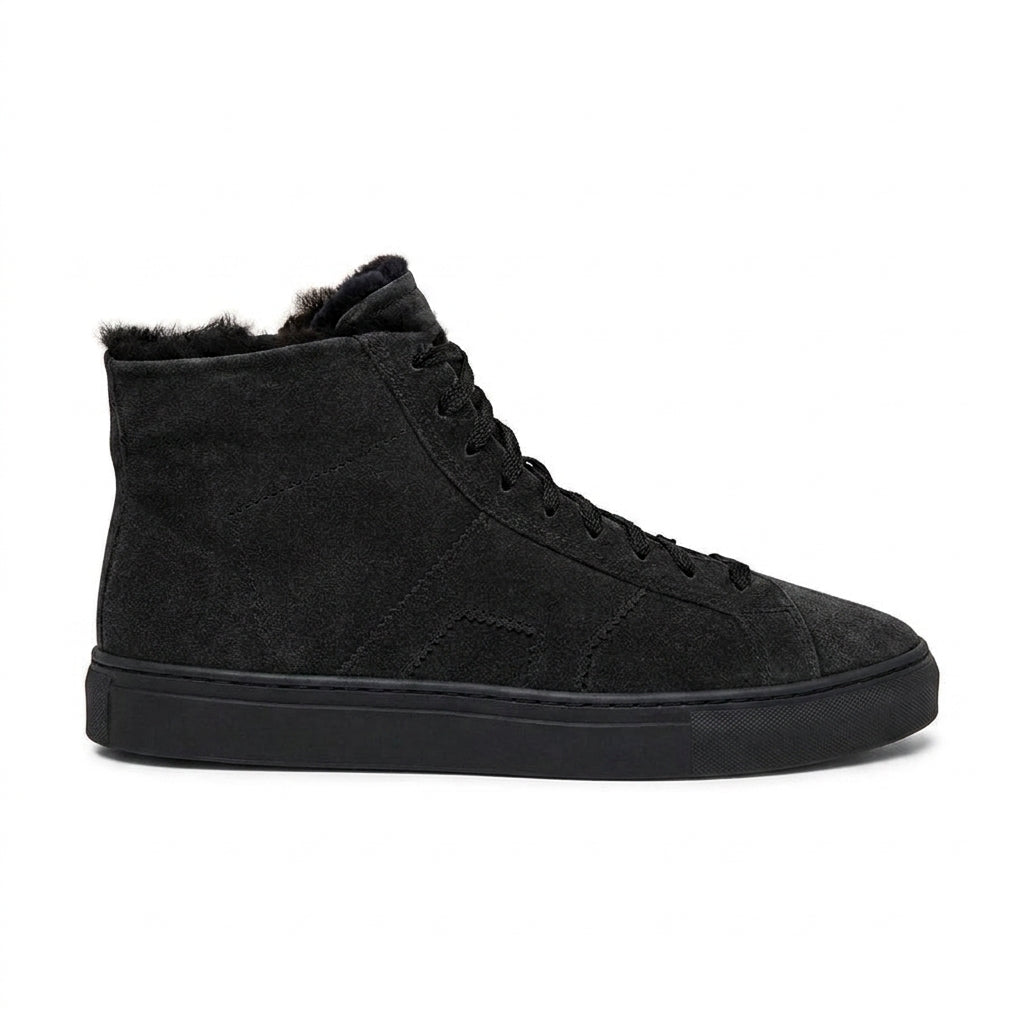 Luxury Edition - Artisian Made Black Italian Suede Wolfton Lace Up Fleece Lined High Top Sneakers - AW24