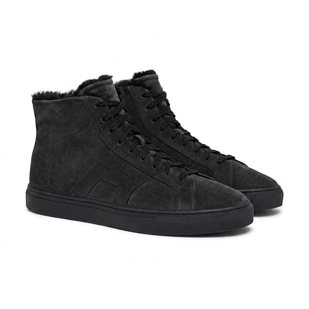 Luxury Edition - Artisian Made Black Italian Suede Wolfton Lace Up Fleece Lined High Top Sneakers - AW24