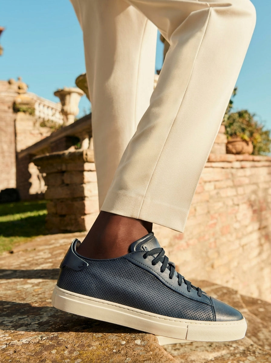 Navy Blue Perforated Leather Antonia Lace Up Sneakers - AW24