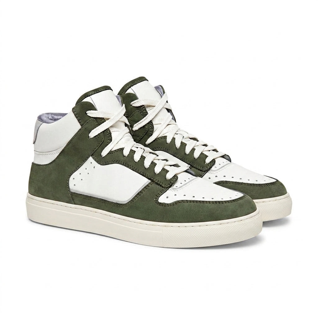 White Leather and Green Suede Hayden Lace Up High Top Sneakers - Summer 2024 Collection