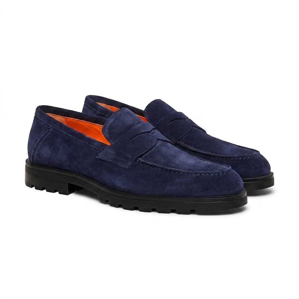 Navy Blue Suede Parker Chunky Penny Loafers - With Track Soles - AW24