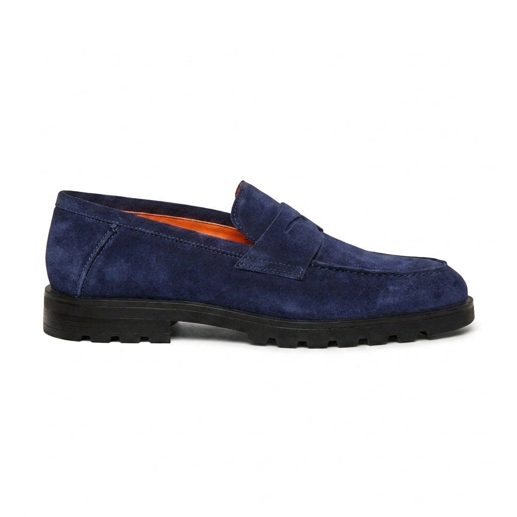 Navy Blue Suede Parker Chunky Penny Loafers - With Track Soles - AW24
