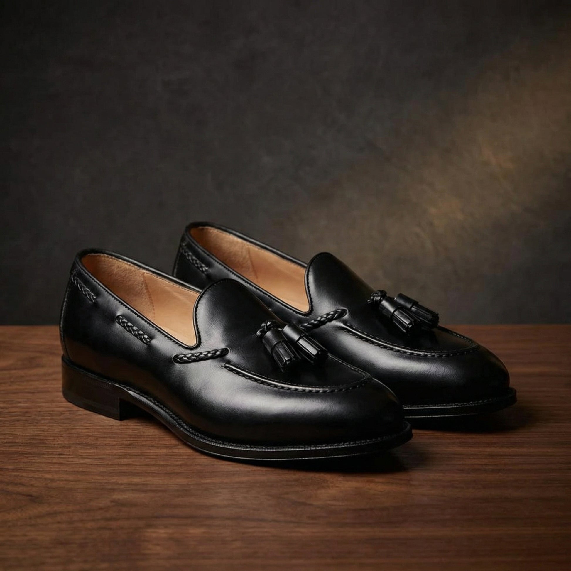 Height Increasing Black Leather Swale Tassel Loafers