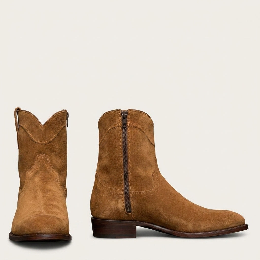 Luxury Edition - Artisian Made Height Increasing Tan Italian Suede Bastrop Slip On Zipper Western Cowboy Boots - AW24