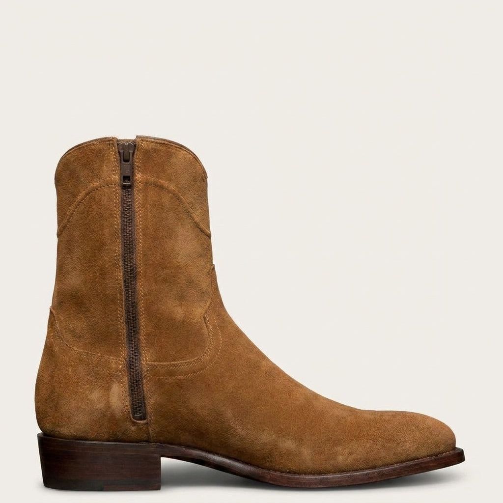Luxury Edition - Artisian Made Height Increasing Tan Italian Suede Bastrop Slip On Zipper Western Cowboy Boots - AW24