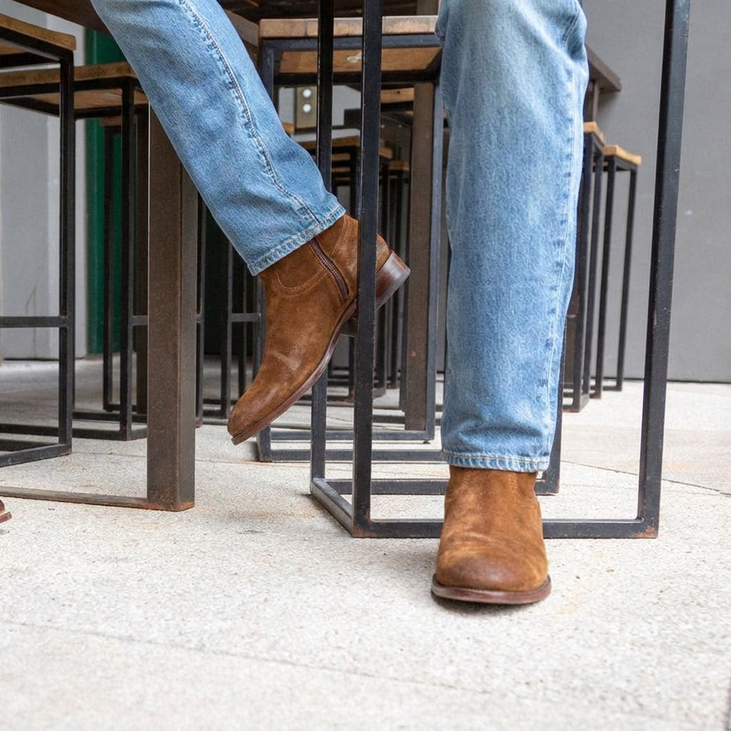 Luxury Edition - Artisian Made Height Increasing Tan Italian Suede Bastrop Slip On Zipper Western Cowboy Boots - AW24