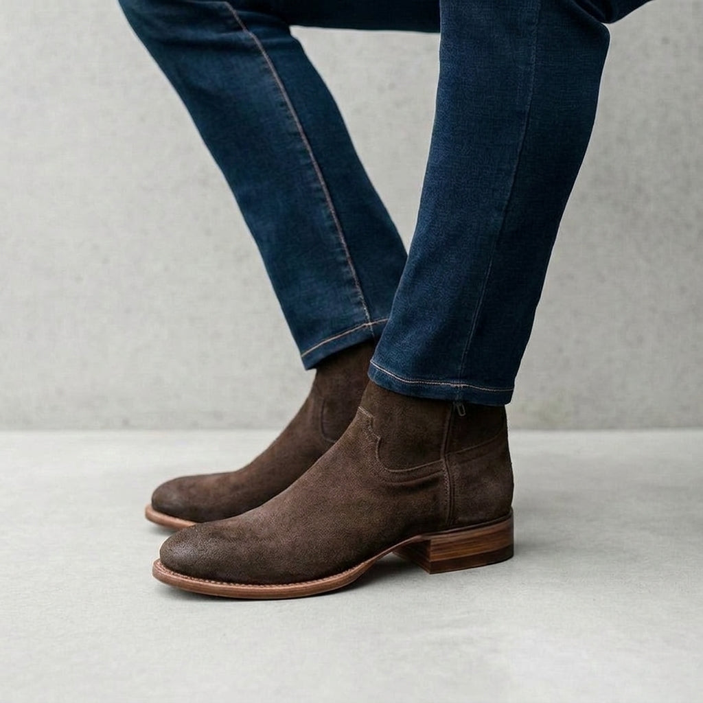Height Increasing Beige Suede Bastrop Slip On Zipper Western Cowboy Boots - AW24