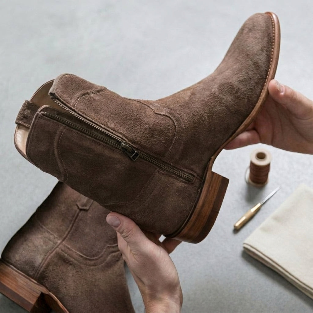 Height Increasing Beige Suede Bastrop Slip On Zipper Western Cowboy Boots - AW24