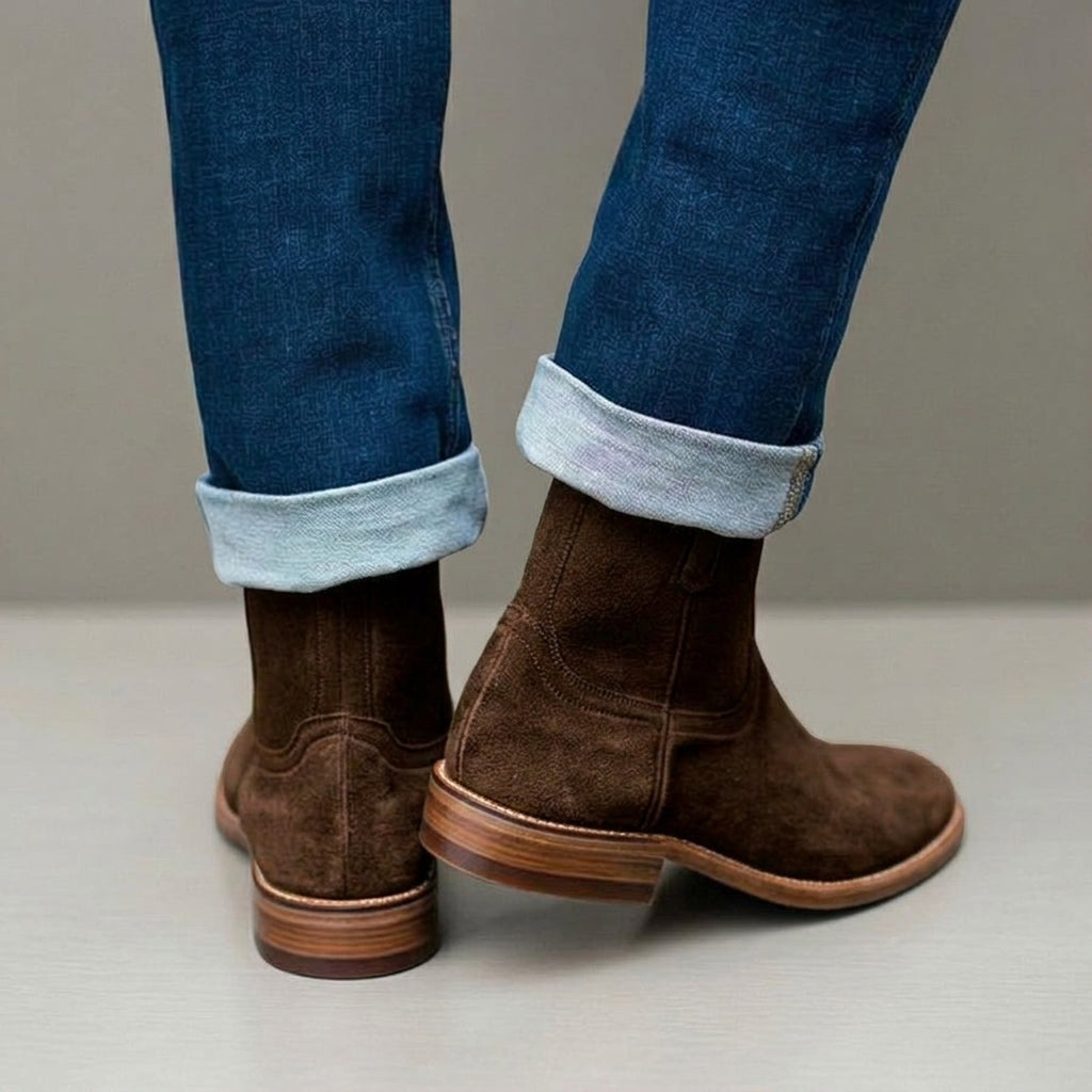 Height Increasing Beige Suede Bastrop Slip On Zipper Western Cowboy Boots - AW24