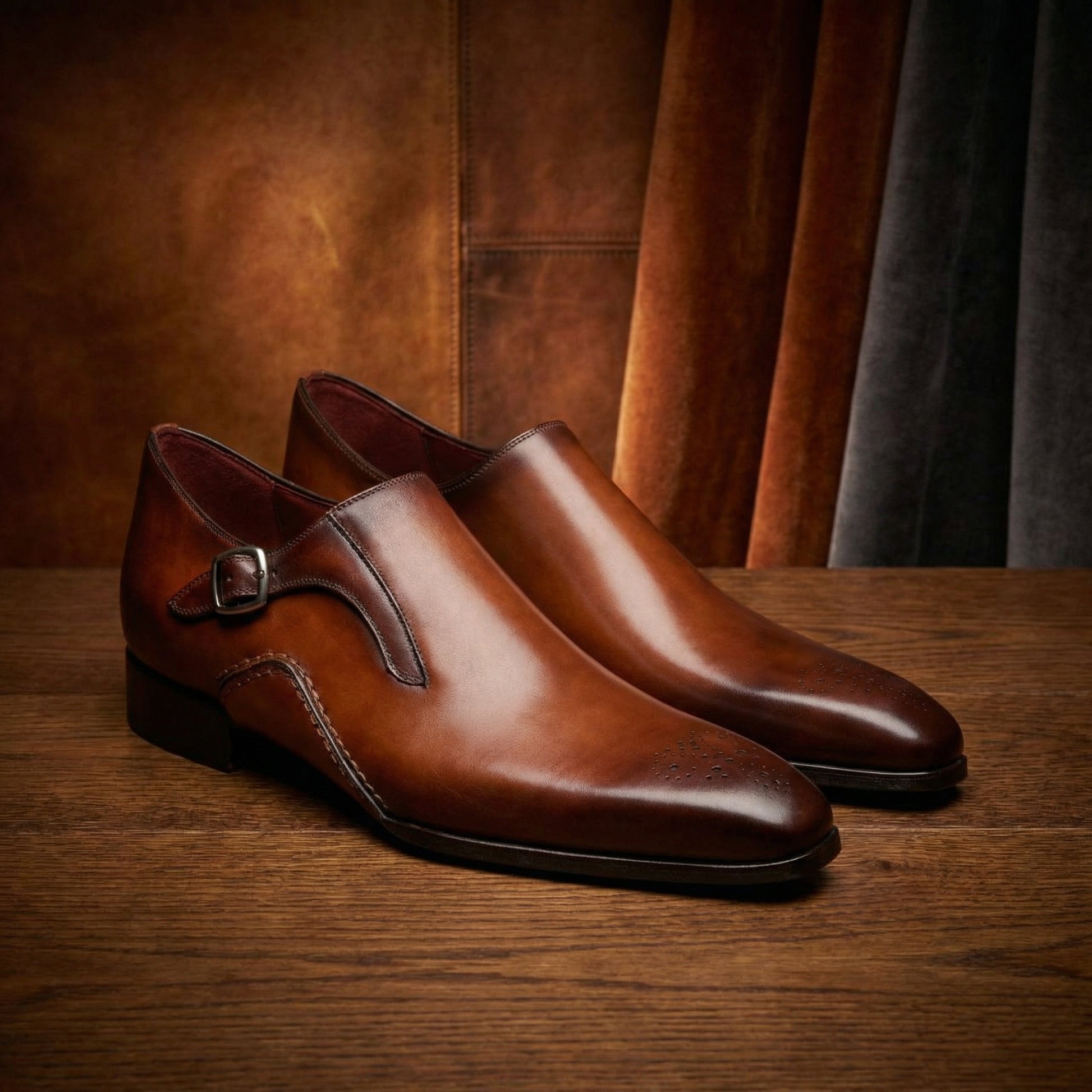 Height Increasing Brown Leather Victoria Monk Straps Shoes