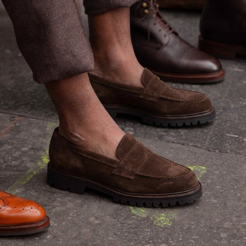 Height Increasing Brown Suede Belize Chunky Penny Loafers - With Track Soles - AW24