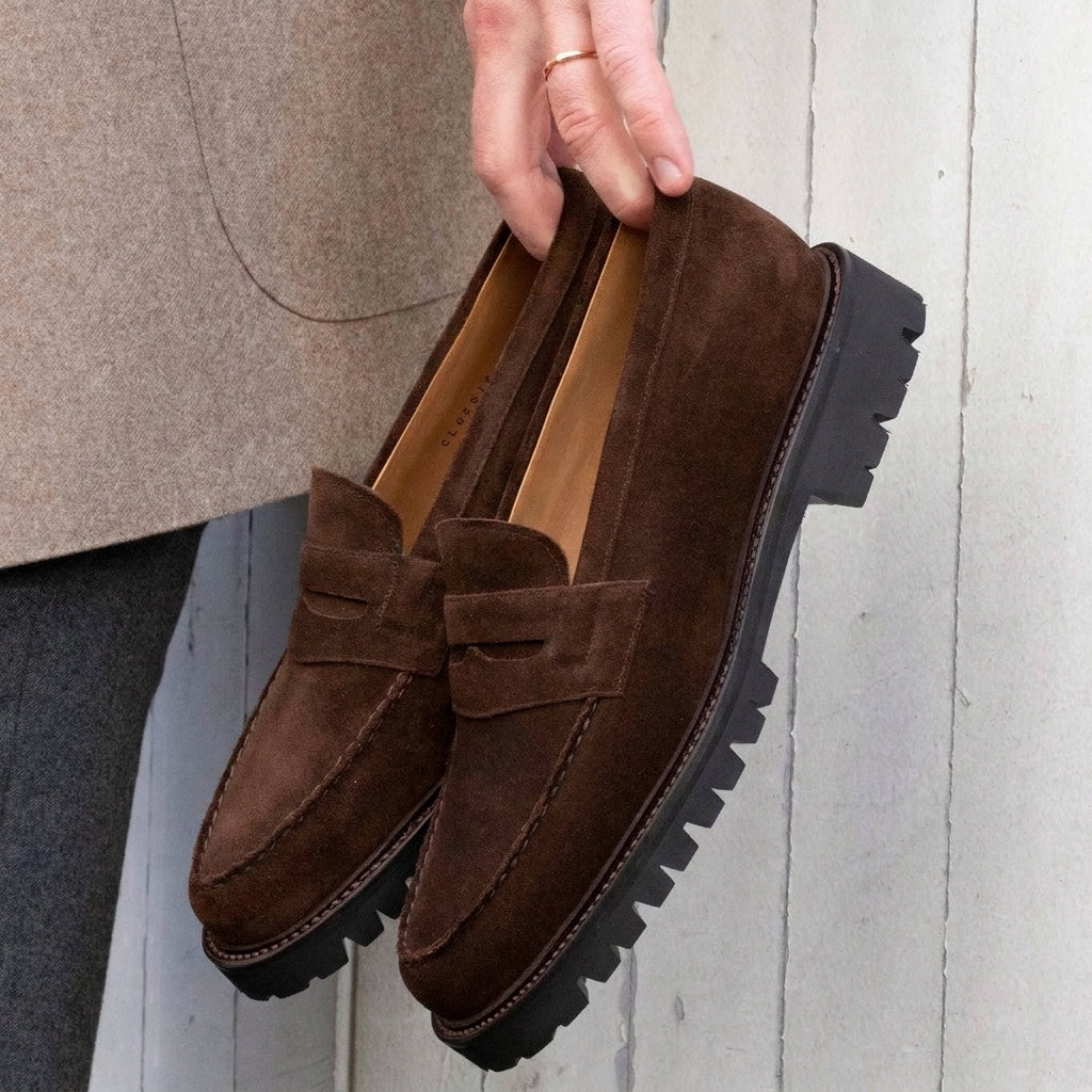 Height Increasing Brown Suede Belize Chunky Penny Loafers - With Track Soles - AW24
