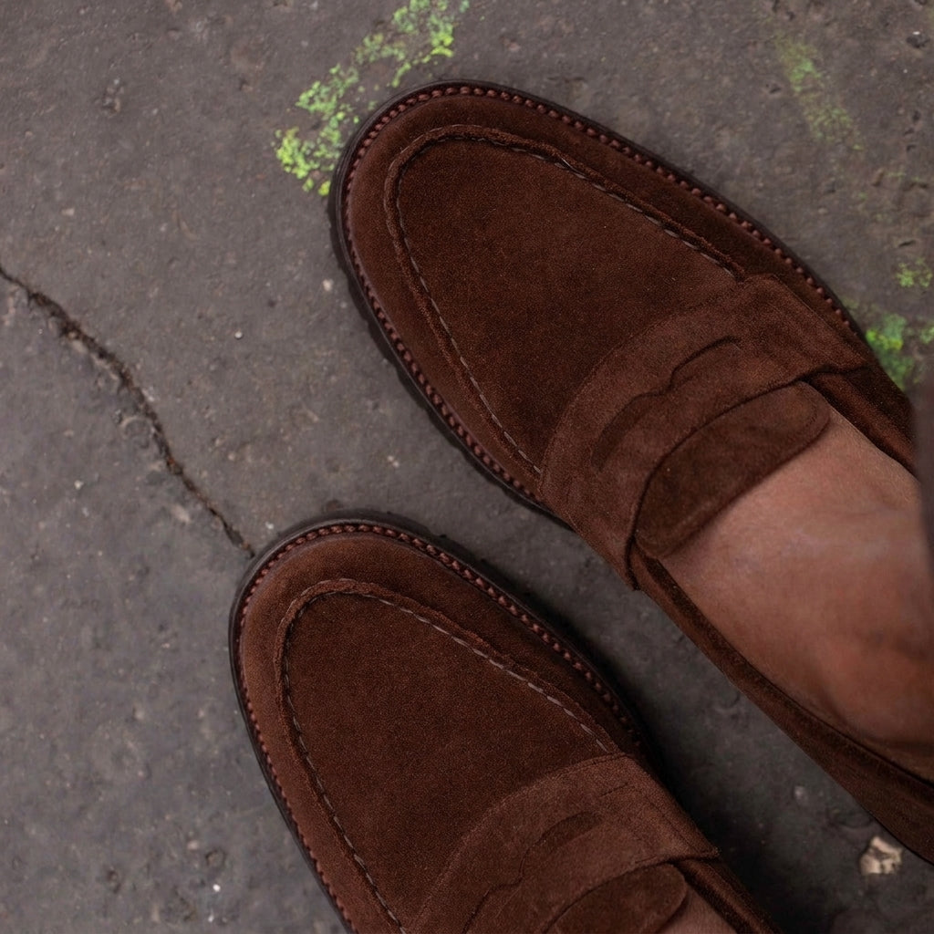 Height Increasing Brown Suede Belize Chunky Penny Loafers - With Track Soles - AW24