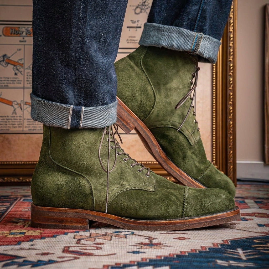Green Suede Elysia Lace Up Toe Cap Boots - AW24