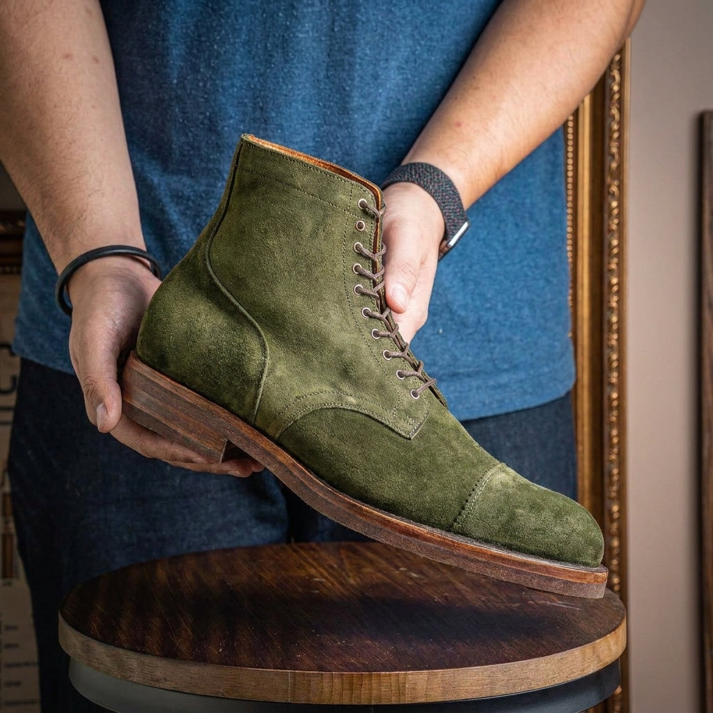 Green Suede Elysia Lace Up Toe Cap Boots - AW24