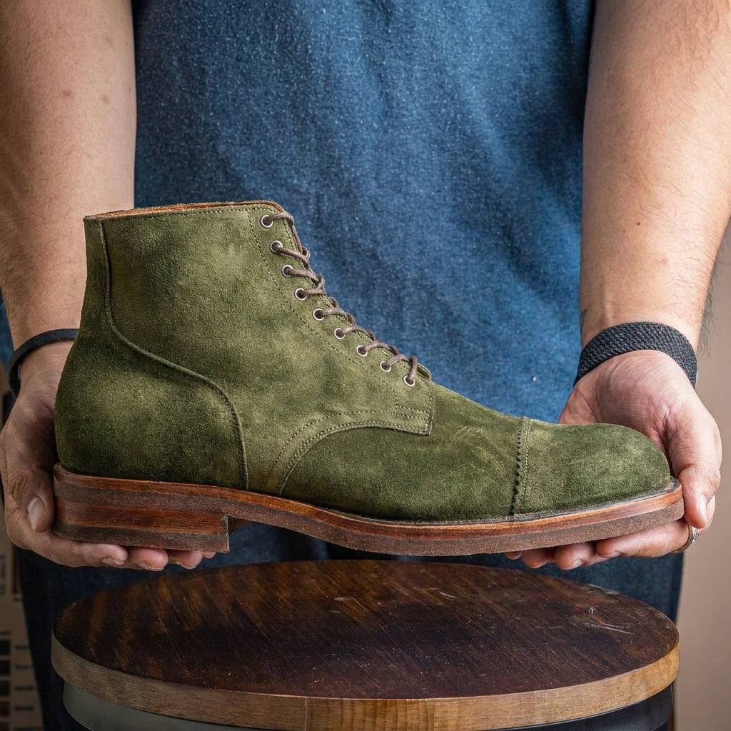 Green Suede Elysia Lace Up Toe Cap Boots - AW24
